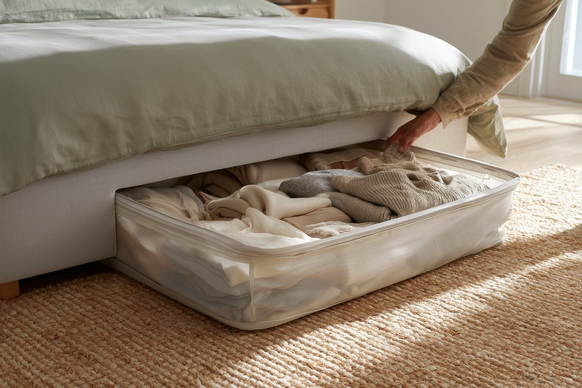 Clear under-bed storage bag filled with folded sweaters being slid under a bed