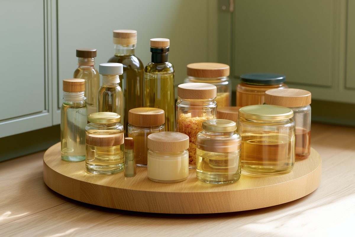 Wooden lazy Susan turntable holding jars and bottles