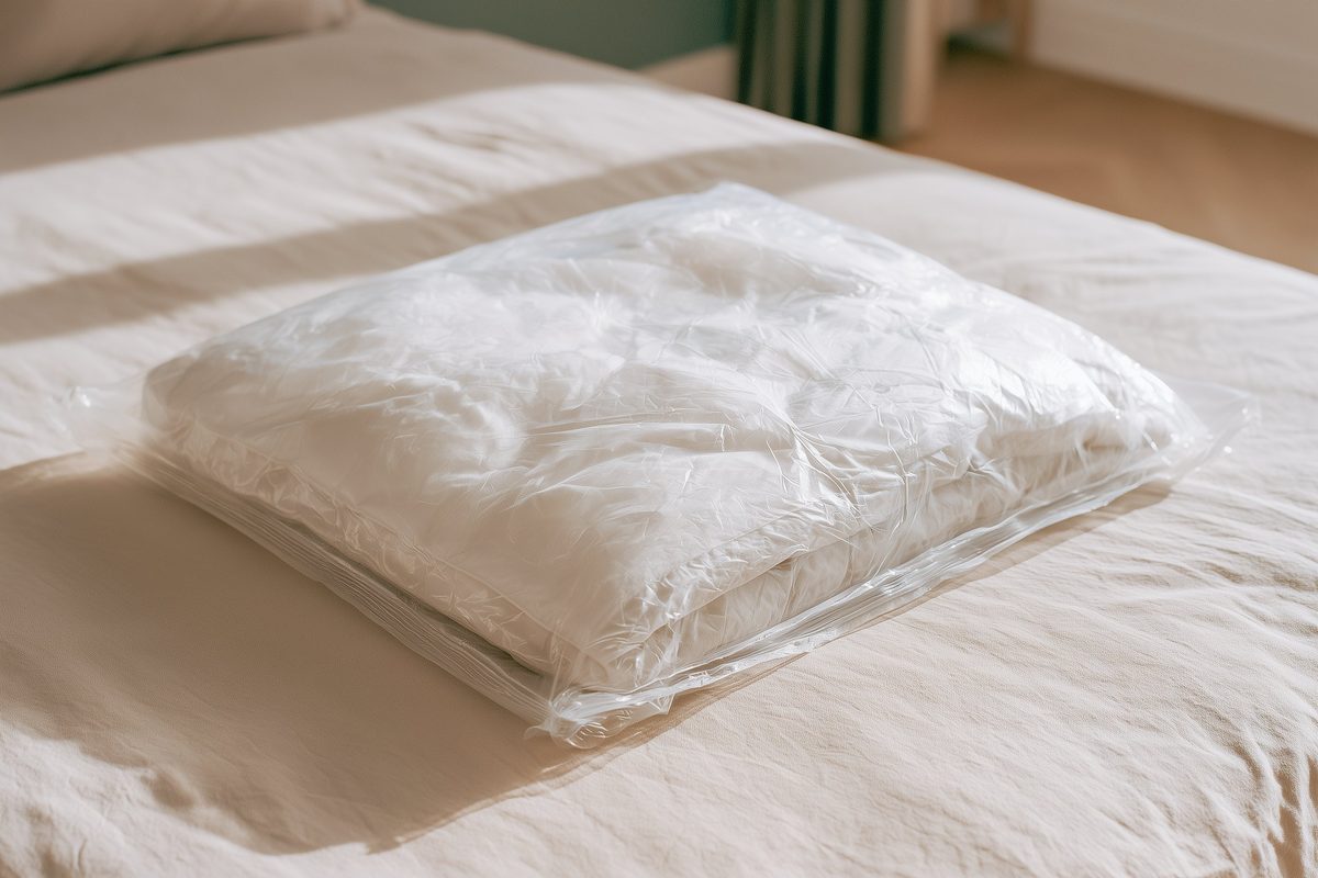 Vacuum-seal storage bag compressing a duvet flat on a bed